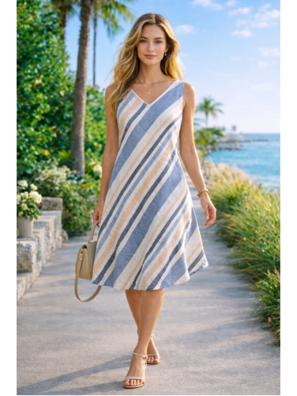 Charlie B Dress Women M Linen Blend Striped Light A-Line Coastal ResortWear Blue